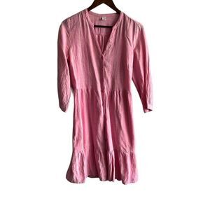 Old Navy Pink Striped Tiered 3/4 Sleeve Button Front Dress